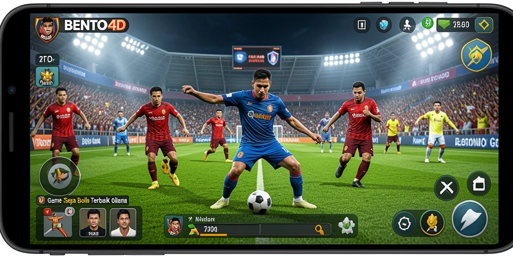 Tangkapan layar gameplay BENTO4D menampilkan aksi pertandingan sepak bola yang mendebarkan.