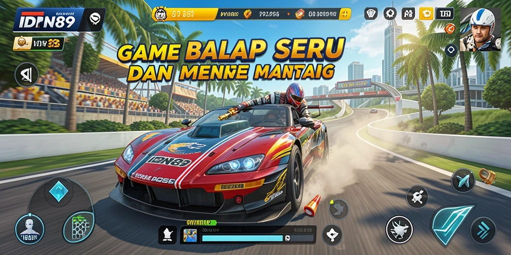 Screenshot gameplay IDN89 menunjukkan aksi balapan yang mendebarkan.