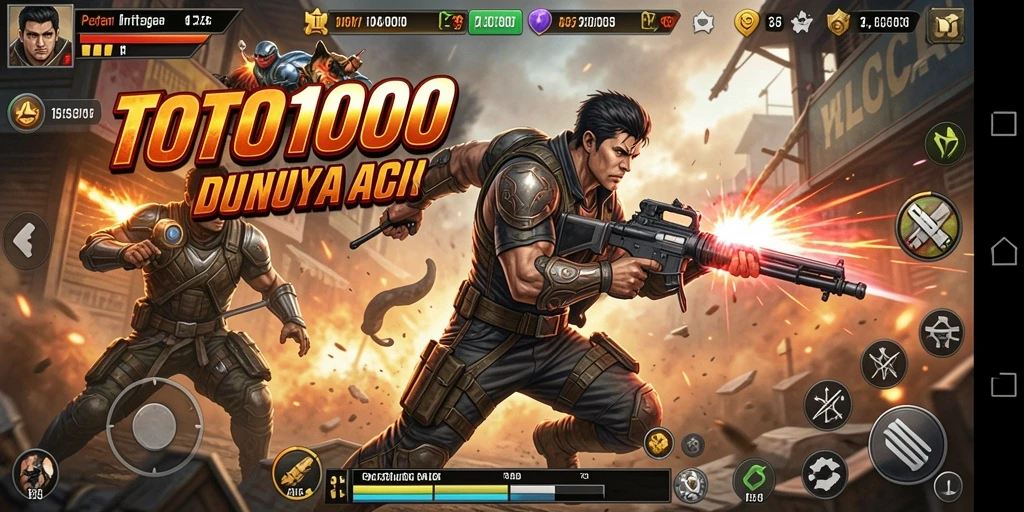 Screenshot utama TOTO1000 menampilkan aksi pertempuran yang mendebarkan.